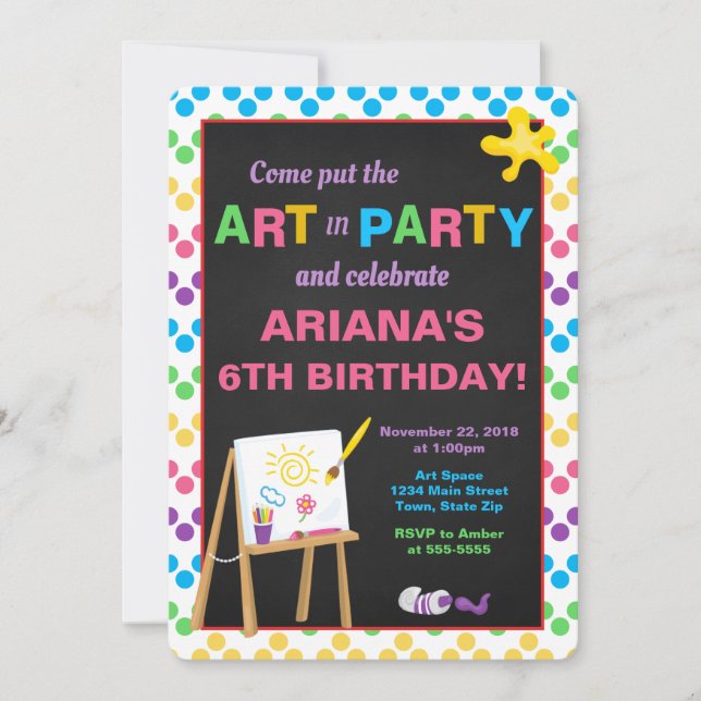 Invitación del cumpleaños del fiesta del arte, (Anverso)