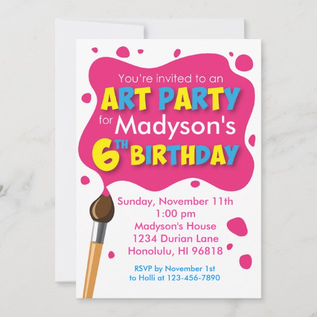 Invitación del cumpleaños del fiesta del arte 6ta (Anverso)