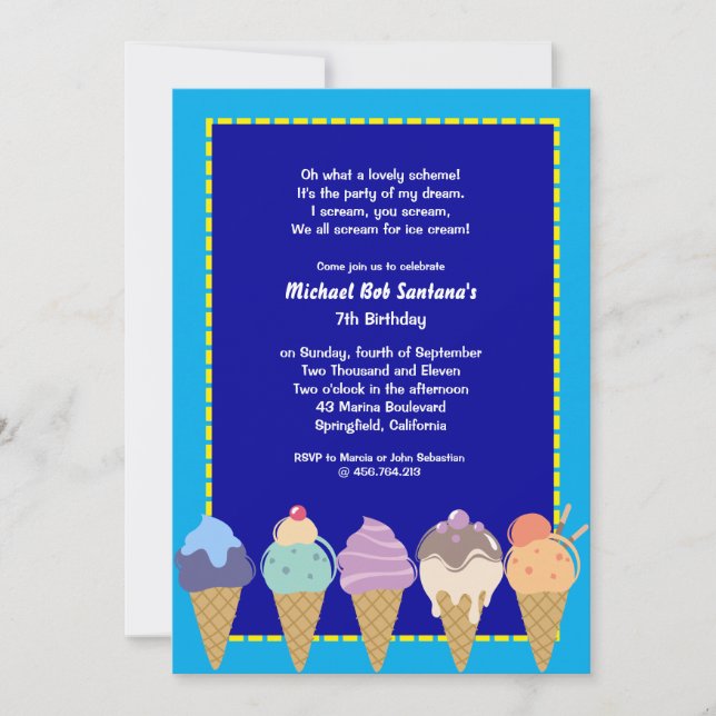 Invitación del cumpleaños del fiesta del helado (Anverso)
