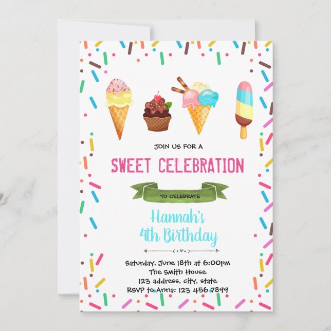 Invitación del cumpleaños del fiesta del helado de (Anverso)
