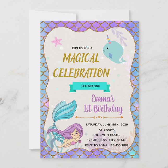 Invitación del cumpleaños del fiesta del narwhale (Anverso)