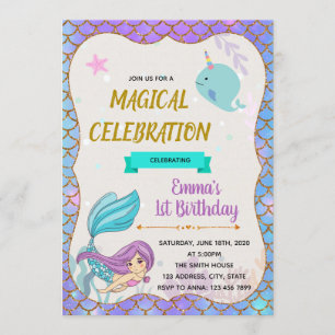 Invitación del cumpleaños del fiesta del narwhale