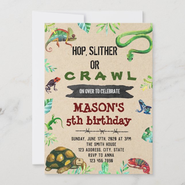 Invitación del cumpleaños del fiesta del reptil (Anverso)