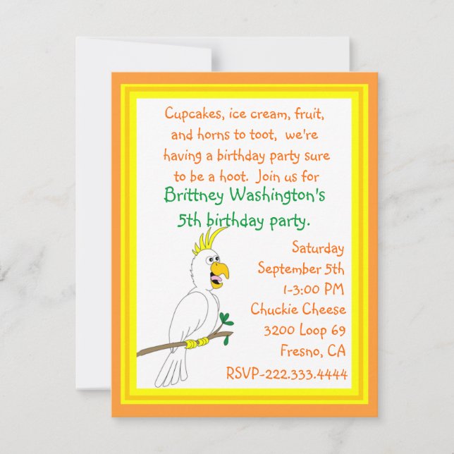 Invitación del cumpleaños del loro (Anverso)