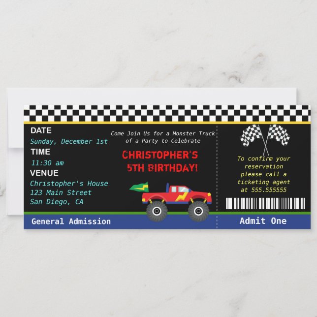 Invitación del cumpleaños del monster truck (Anverso)