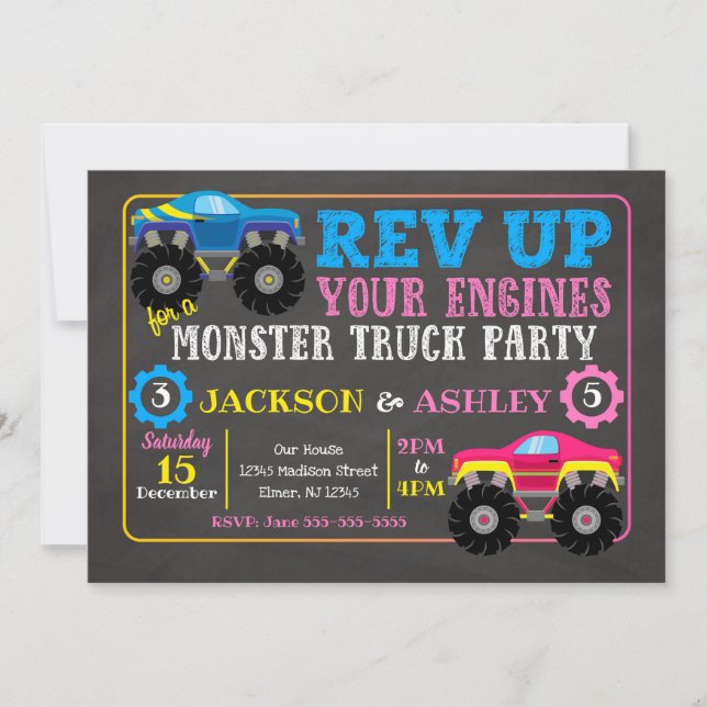 Invitación del cumpleaños del monster truck/chica (Anverso)