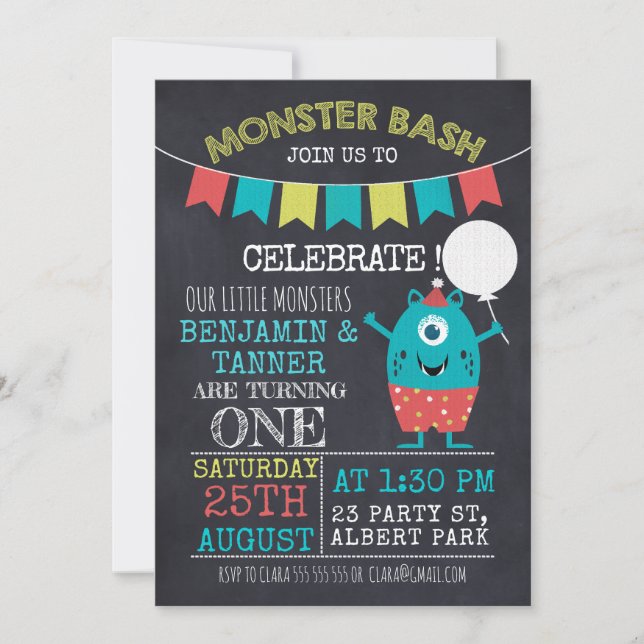 Invitación del cumpleaños del monstruo de la (Anverso)