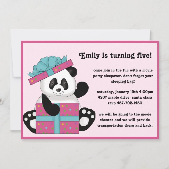 Invitación del cumpleaños del oso de panda (Anverso)