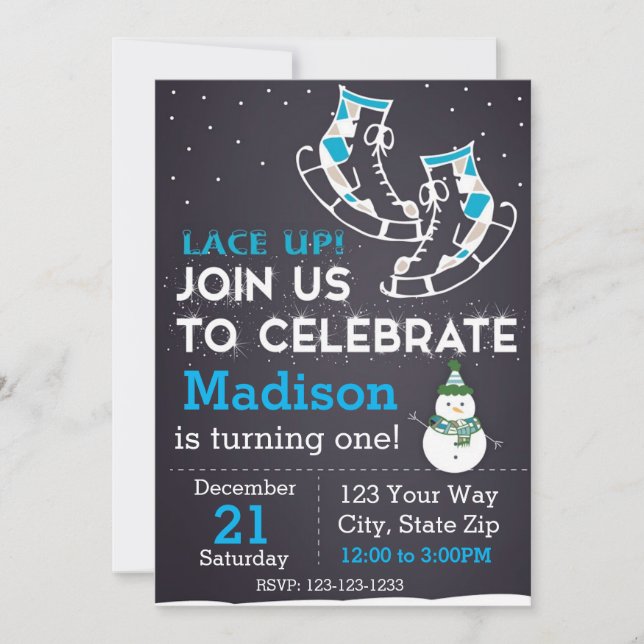 Invitación del cumpleaños del patín de hielo (Anverso)