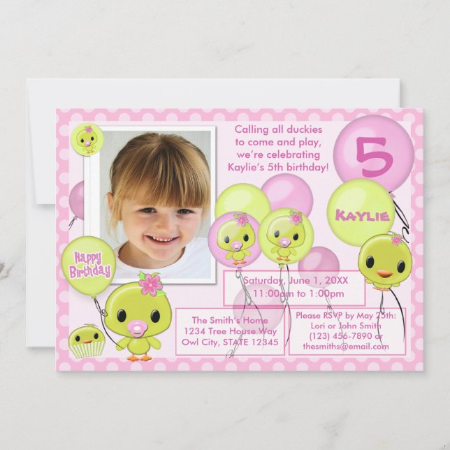 Invitación del cumpleaños del pato amarillo rosa ( (Anverso)