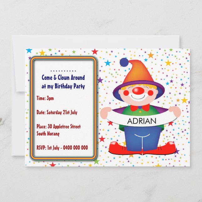 Invitación del cumpleaños del payaso (Anverso)