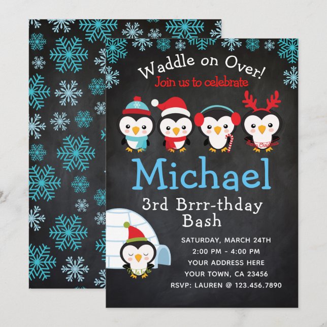 Invitación del cumpleaños del pingüino (Anverso / Reverso)