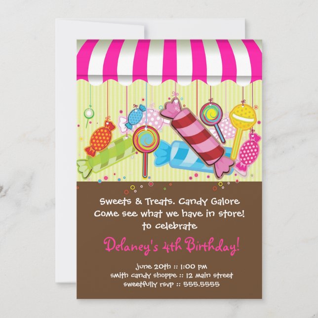 Invitación del cumpleaños del Shoppe del caramelo (Anverso)