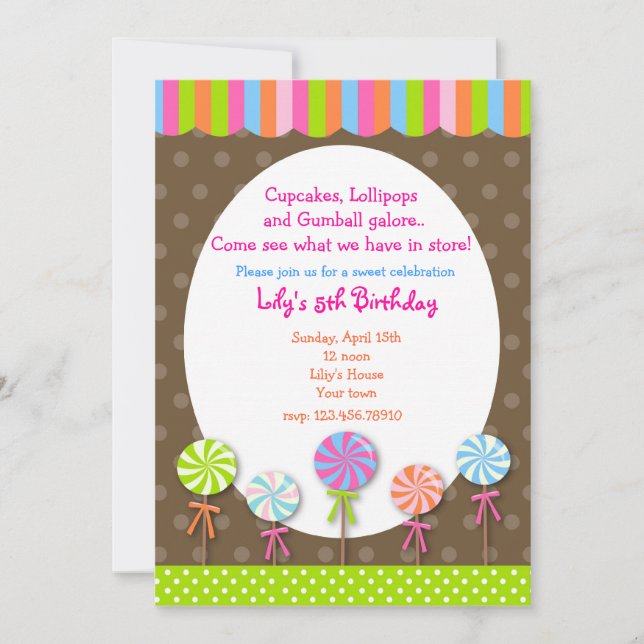 Invitación del cumpleaños del Shoppe del caramelo (Anverso)