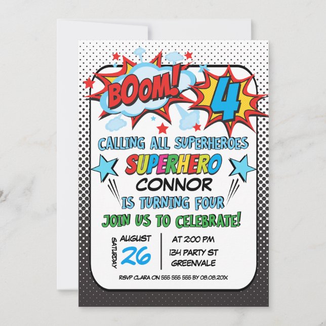 Invitación del cumpleaños del super héroe de los (Anverso)