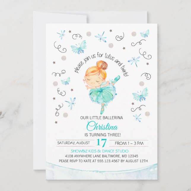 Invitación del cumpleaños del tutú y de la (Anverso)