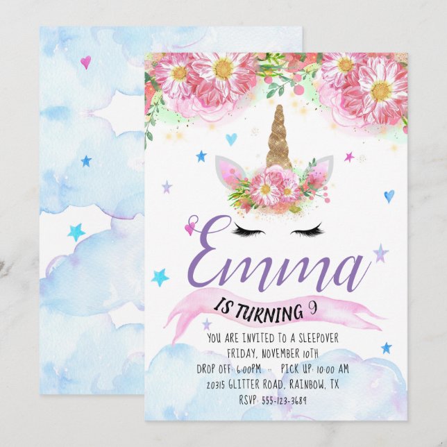 Invitación del cumpleaños del unicornio (Anverso / Reverso)