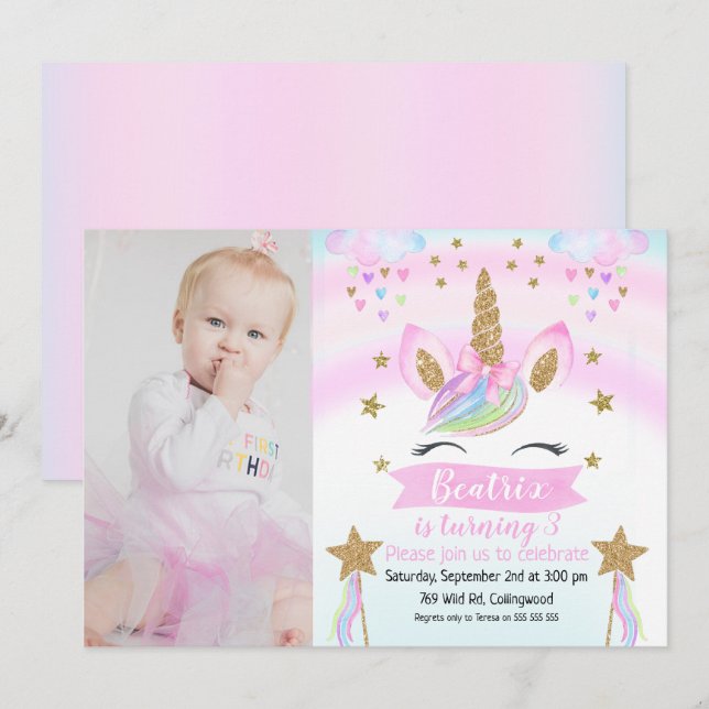 Invitación del cumpleaños del unicornio de la foto (Anverso / Reverso)