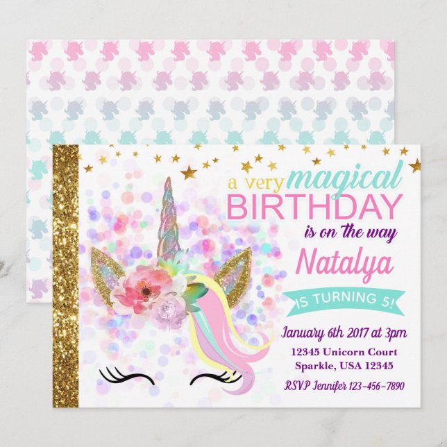 Invitación del cumpleaños del unicornio mágica (Anverso / Reverso)