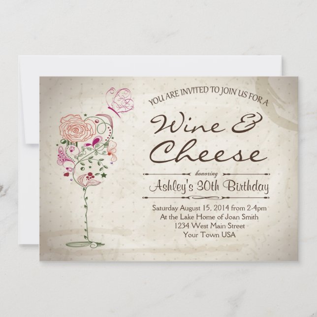 Invitación del cumpleaños del vino y del queso (Anverso)
