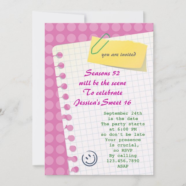 Invitación del dulce 16 del cuaderno (Anverso)