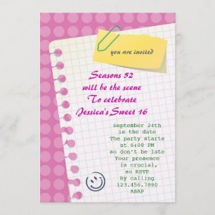 Invitación del dulce 16 del cuaderno
