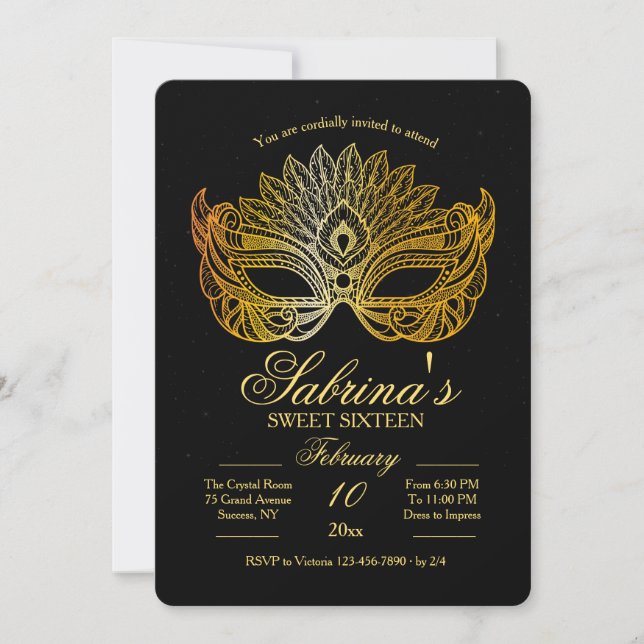 Invitación del dulce dieciséis de la mascarada de (Anverso)