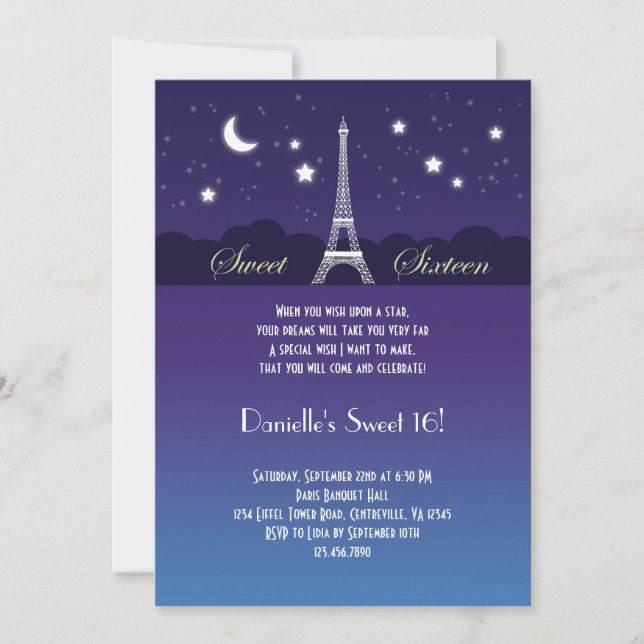 Invitación del dulce dieciséis de la torre Eiffel (Anverso)