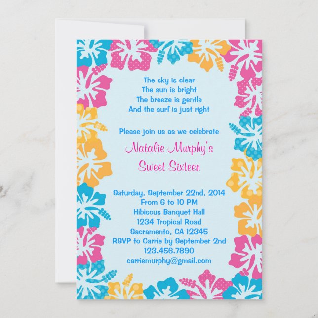 Invitación del dulce dieciséis del hibisco de Luau (Anverso)