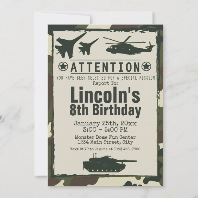 Invitación del ejército del partido de cumpleaños  (Anverso)