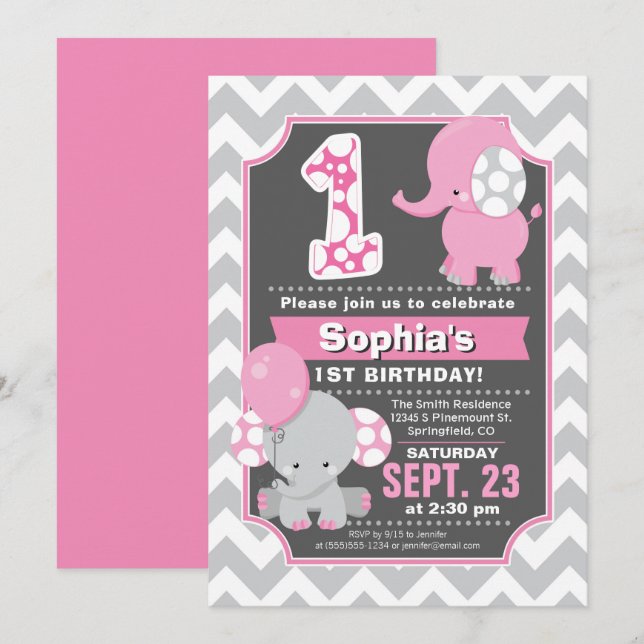 Invitación del elefante Chica de cumpleaños 1 (Anverso / Reverso)