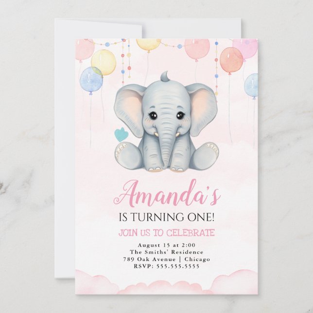 Invitación del elefante Chica de cumpleaños 1 (Anverso)