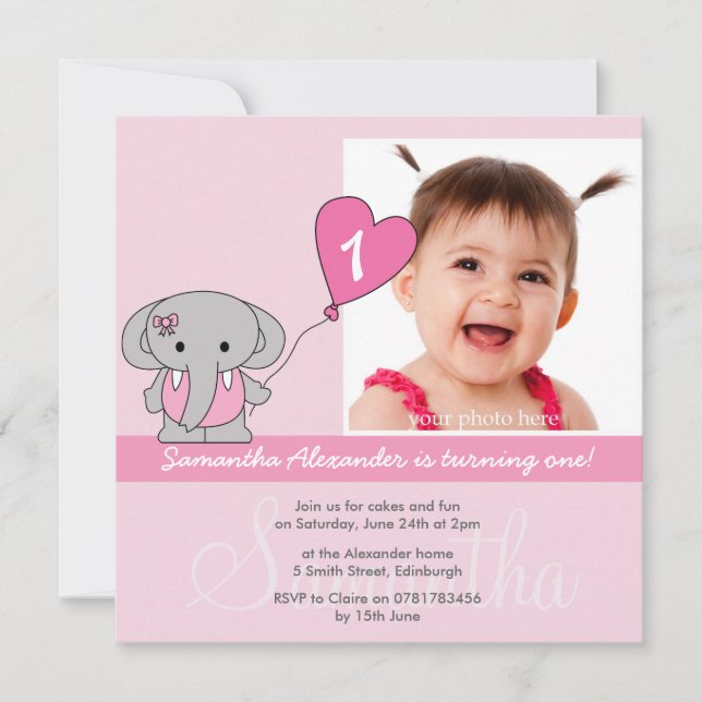 Invitación Del elefante de la foto 1ra fiesta de cumpleaños (Anverso)