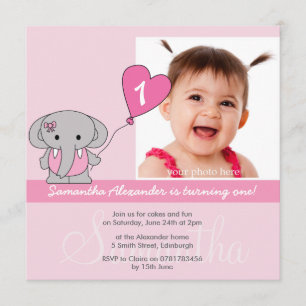 Invitación Del elefante de la foto 1ra fiesta de cumpleaños