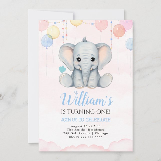 Invitación del elefante del niño de cumpleaños 1 (Anverso)