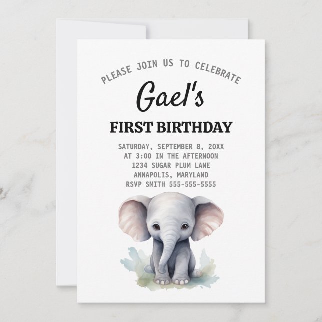 Invitación del elefante del niño de cumpleaños 1 (Anverso)