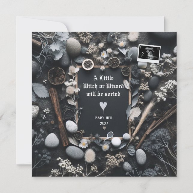 Invitación del embarazo negro boho | Revelación de (Anverso)