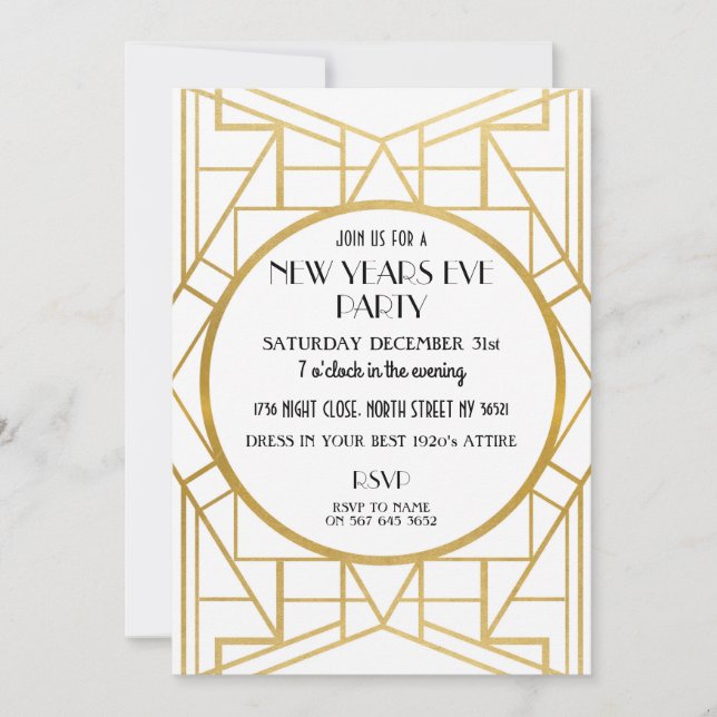 Invitación del Fiesta Art Decó Gatsby de Año Nuevo (Anverso)