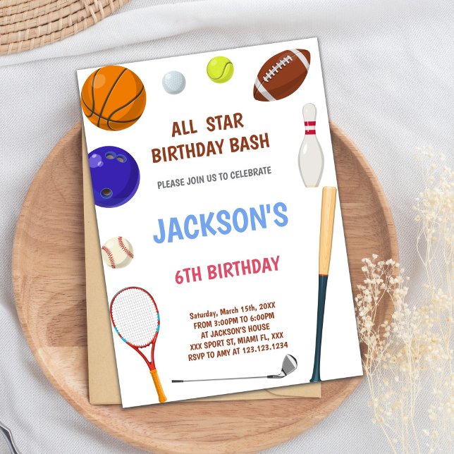 Invitación del Fiesta atlético masculino de estrel (Blue Sports Birthday Invitations)