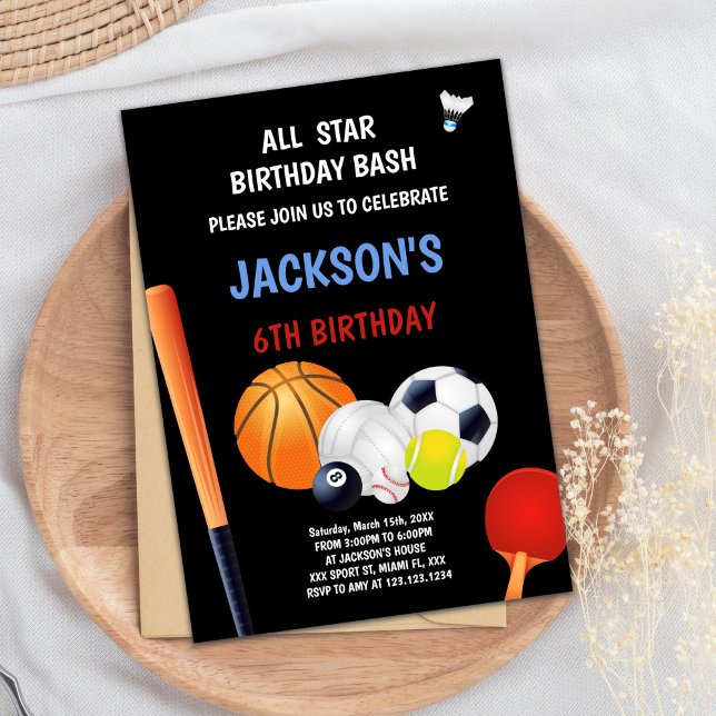 Invitación del Fiesta atlético masculino de estrel (Blue White Sports Birthday Invitations)