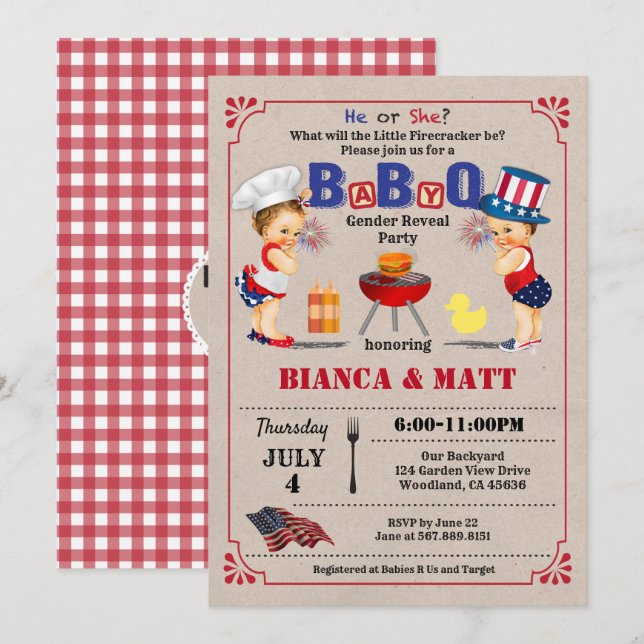 Invitación del fiesta BabyQ para Reveal de Género. (Anverso / Reverso)