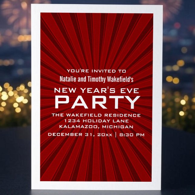 Invitación del Fiesta de Año Nuevo de Red Starburs (Red Starburst Stripes New Years Party Invite)