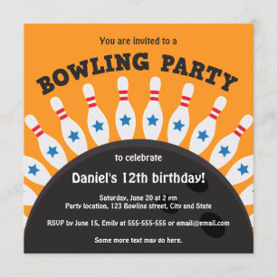 Invitación del fiesta de boliche con boliche y pin
