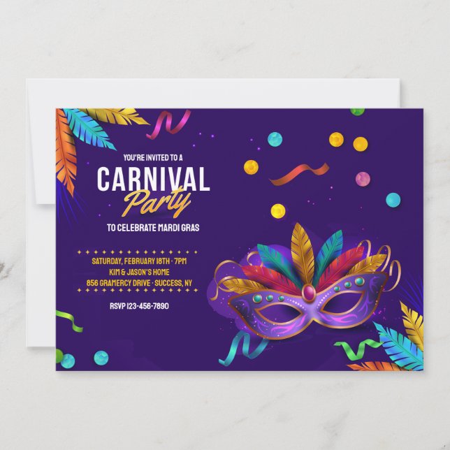 Invitación del Fiesta de Carnaval Mardi Gras (Anverso)