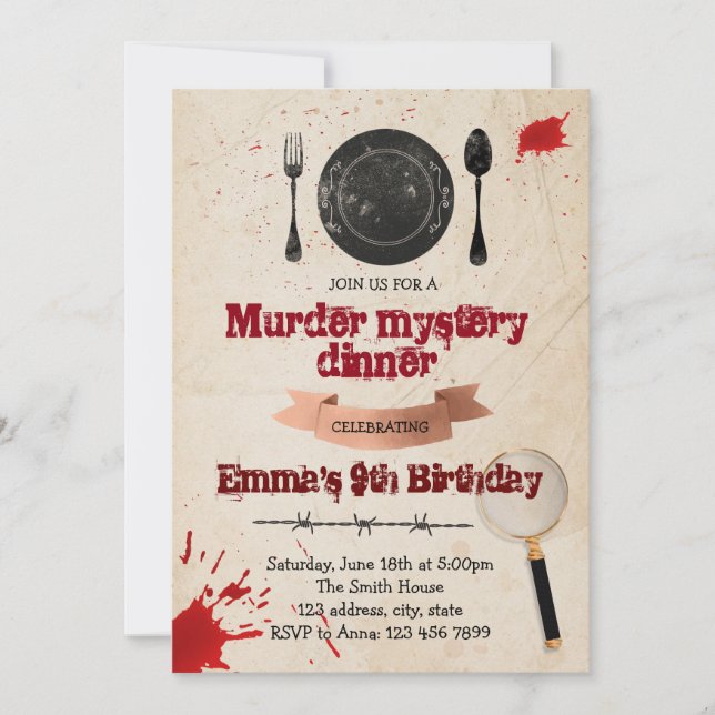 Invitación del fiesta de cena del misterioso (Anverso)