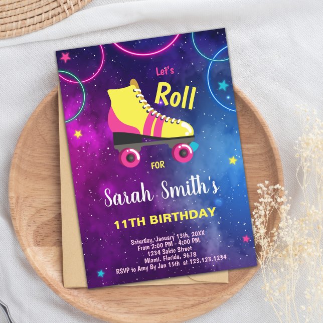 Invitación del Fiesta de esquí de Chicas editables (Purple Pink Roller skating invitations)