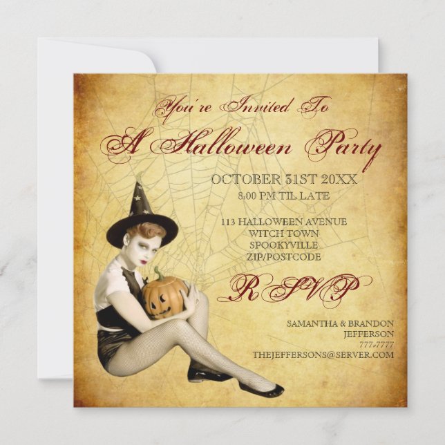Invitación del fiesta de Halloween de la bruja y (Anverso)