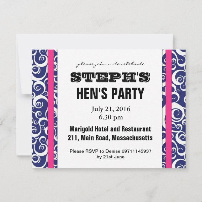 Invitación del Fiesta de Hen Swirl azul y rosa (Anverso)