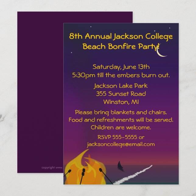 Invitación del fiesta de la hoguera de la playa (Anverso / Reverso)