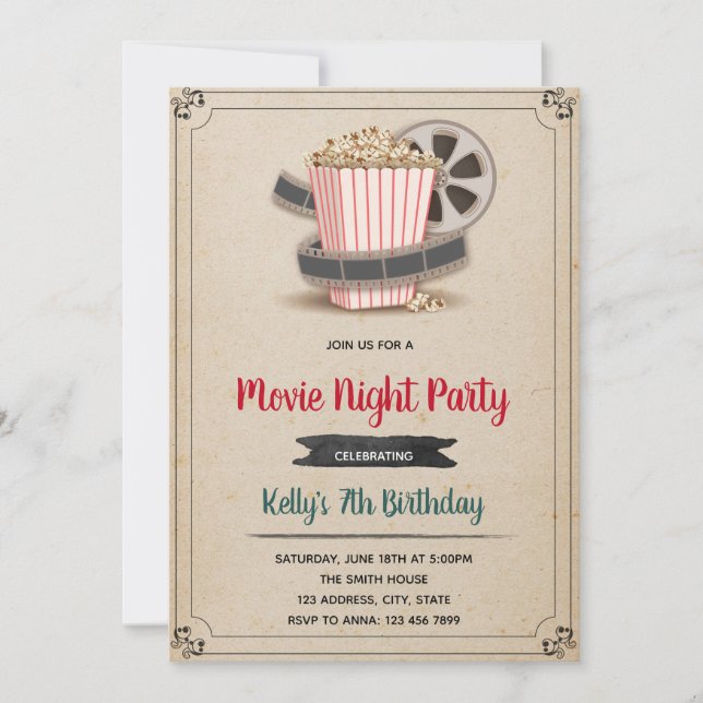 Invitación del fiesta de la noche de película (Anverso)